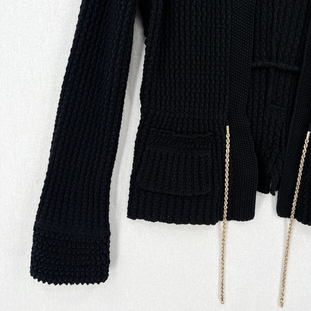 CHANEL 2010 Sweater Womens 34 Black Chain Details Open Cardigan Cotton Chunky - Picture 6 of 16